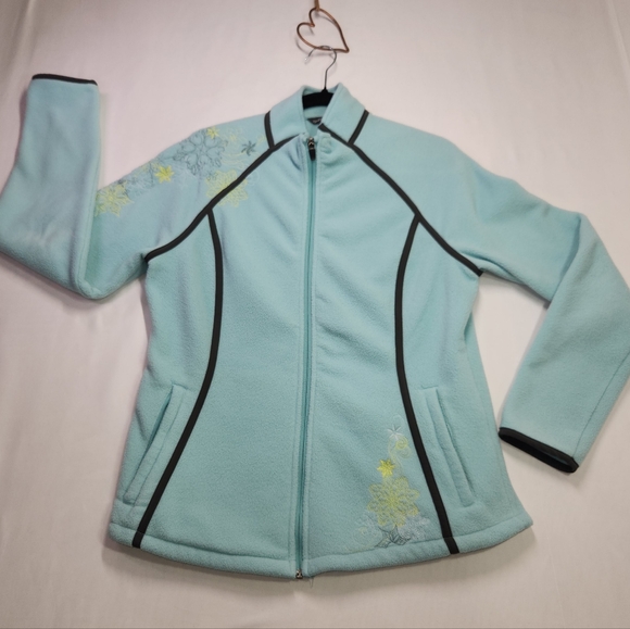 🩵Eddie Bauer Teal/Blue Large Fleece Jacket with Floral Embroidery - Picture 1 of 13